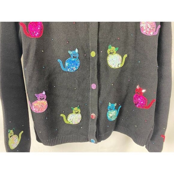 Terazzo Sequin Cat Button Down Cardigan Black 90's Women's Medium - Picture 5 of 14